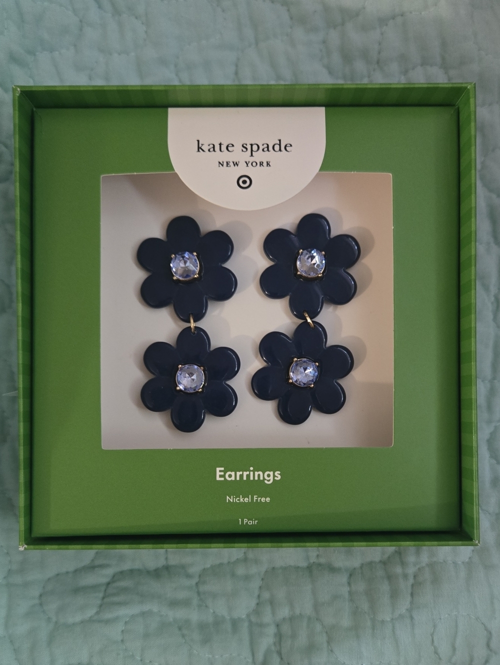 kate spade By Target navy double flower drop earrings with blue stone centers